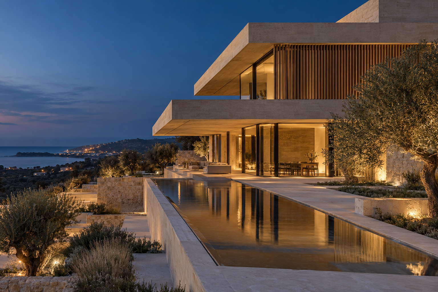 Concept architettonico di un edificio contemporaneo in pietra, con piscina e illuminazione al crepuscolo